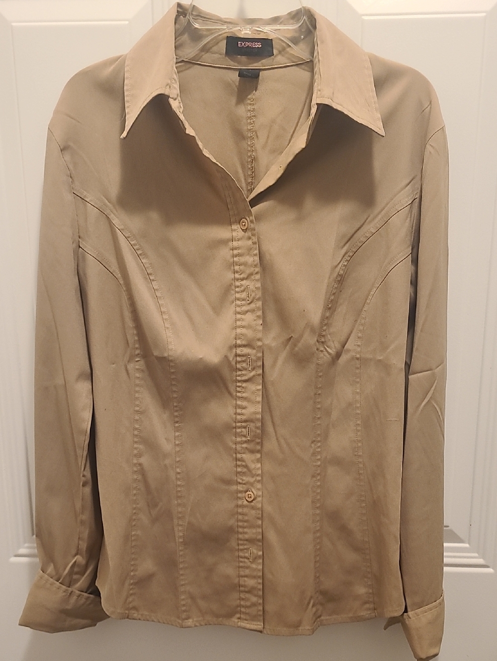 Express Beige/Tan Fitted Button-Down Shirt